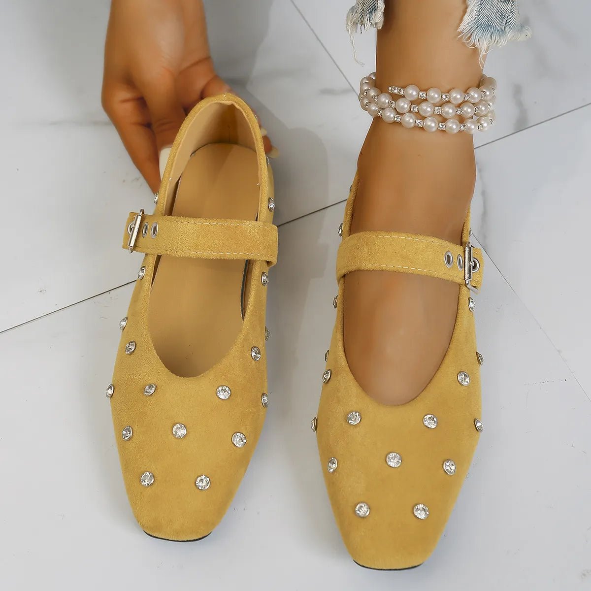 Plush Fashion Hub suede and PU leather Mary Jane flats with rhinestone buckle, stylish and comfortable shoe for women.