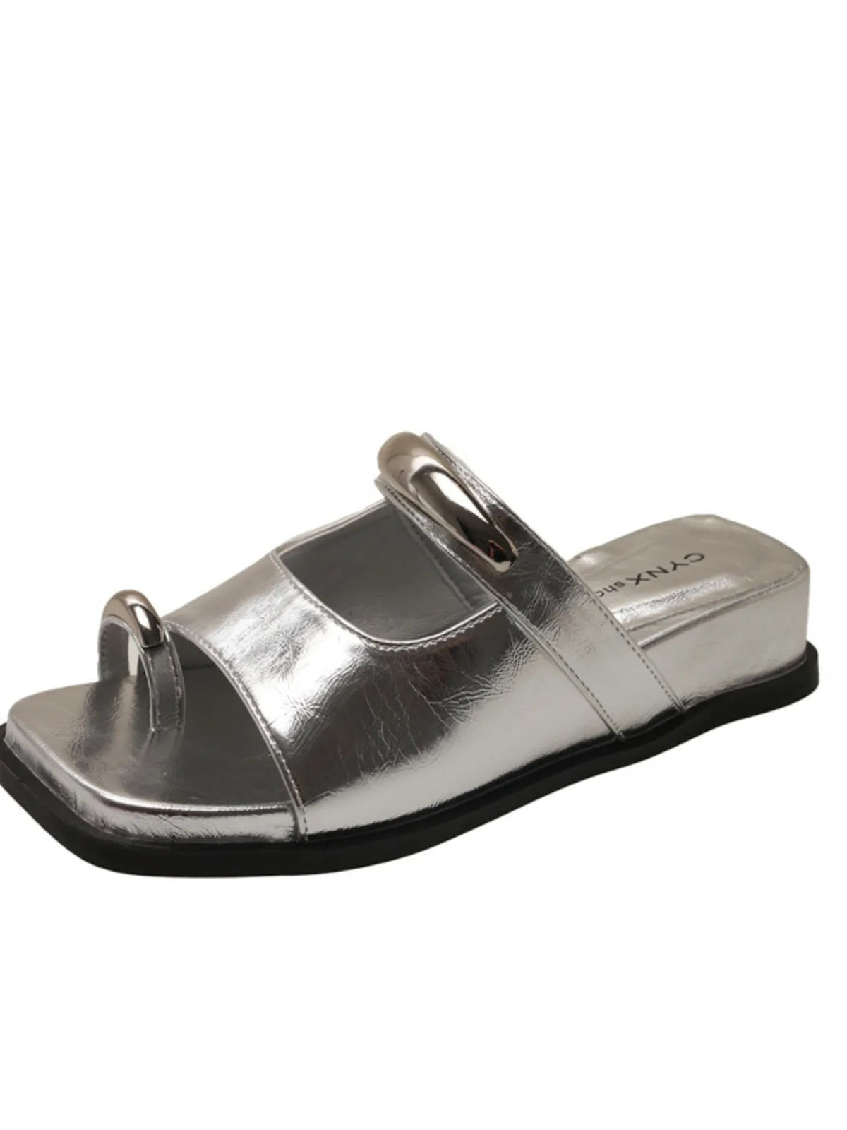 Women's PU leather platform slides with toe loop and cutout design, by Plush Fashion Hub, featuring stylish open-toe footwear.