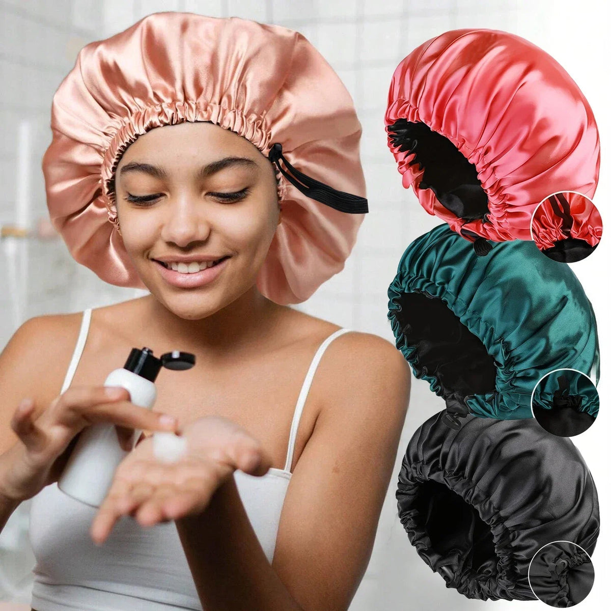Soft silk women's sleep bonnet with double layers, adjustable button, and comfortable design for daily home hair care and sleep.