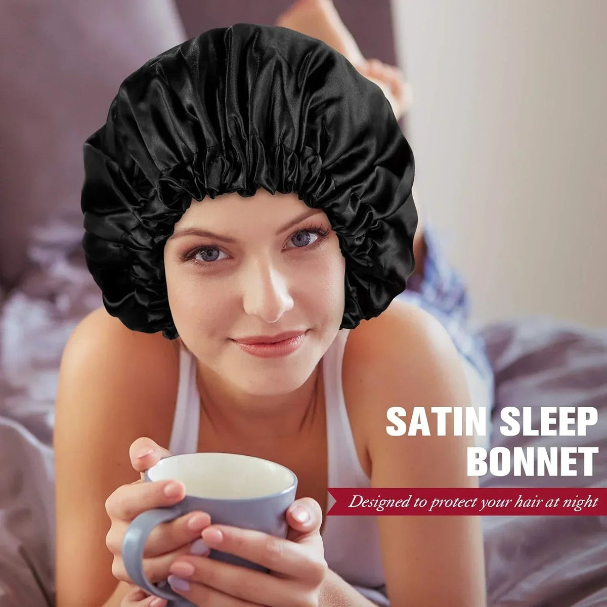 Soft silk women's sleep bonnet with double layers, button closure, adjustable fit, designed for comfortable nightly hair care.
