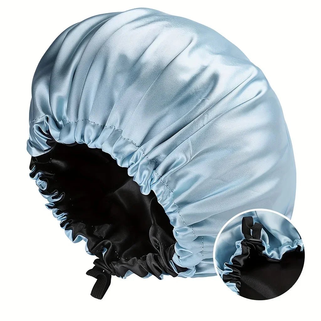 Soft silk women's hair bonnet with double layers, buttons, and adjustable fit for comfortable sleep and daily hair care.