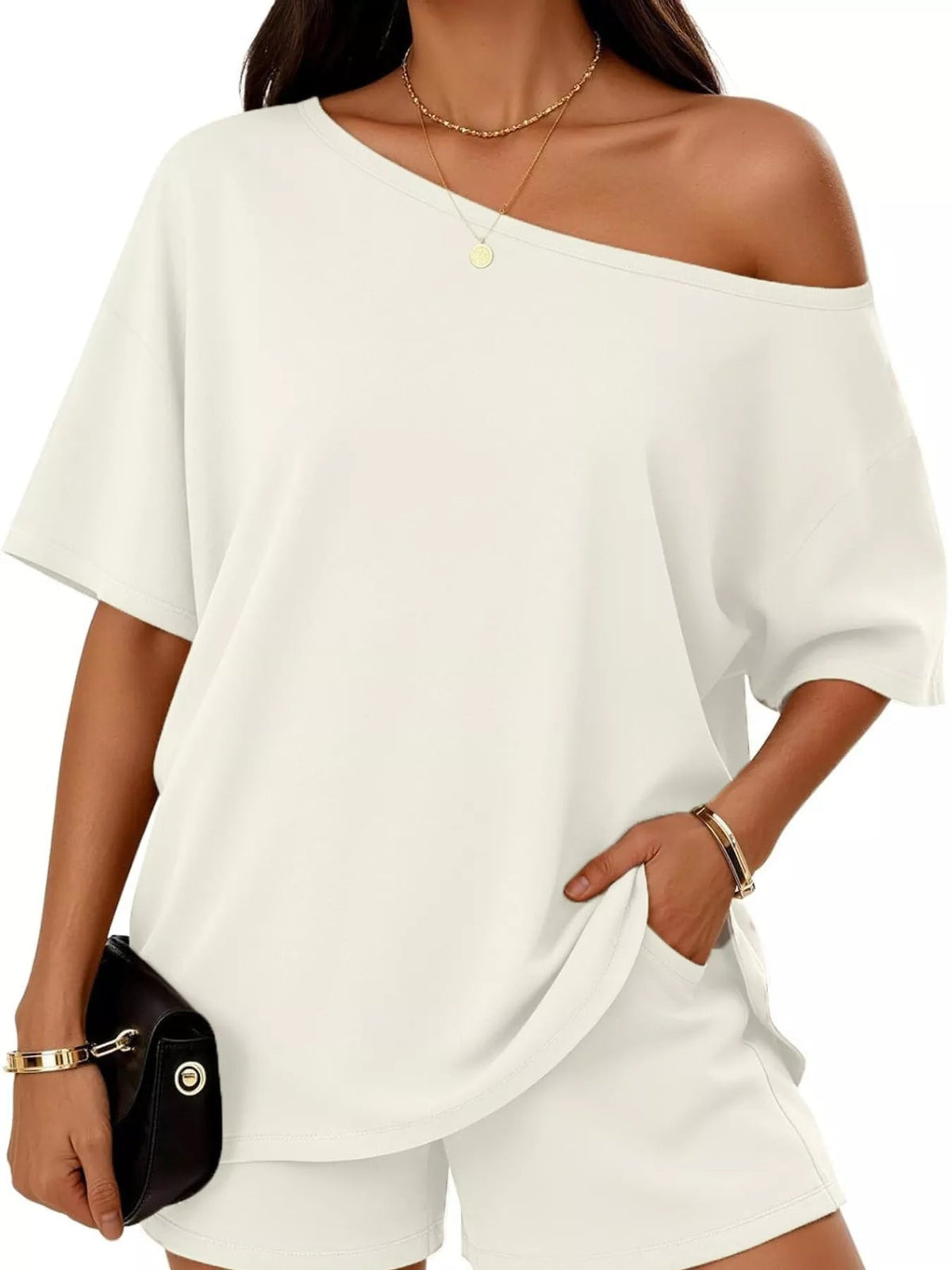 Plus size women's boat neck T-shirt and shorts lounge set from Plush Fashion Hub, comfortable casual clothing for relaxed wear.