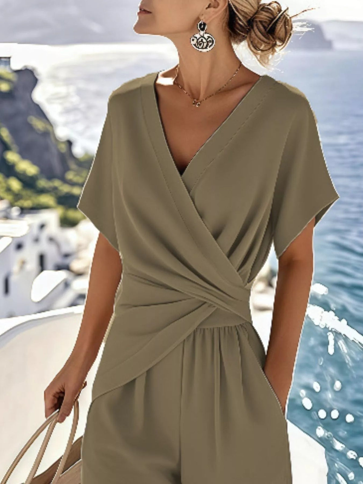 Plus size women's lounge set with twist front V-neck top and comfortable pants with pockets, by Plush Fashion Hub.