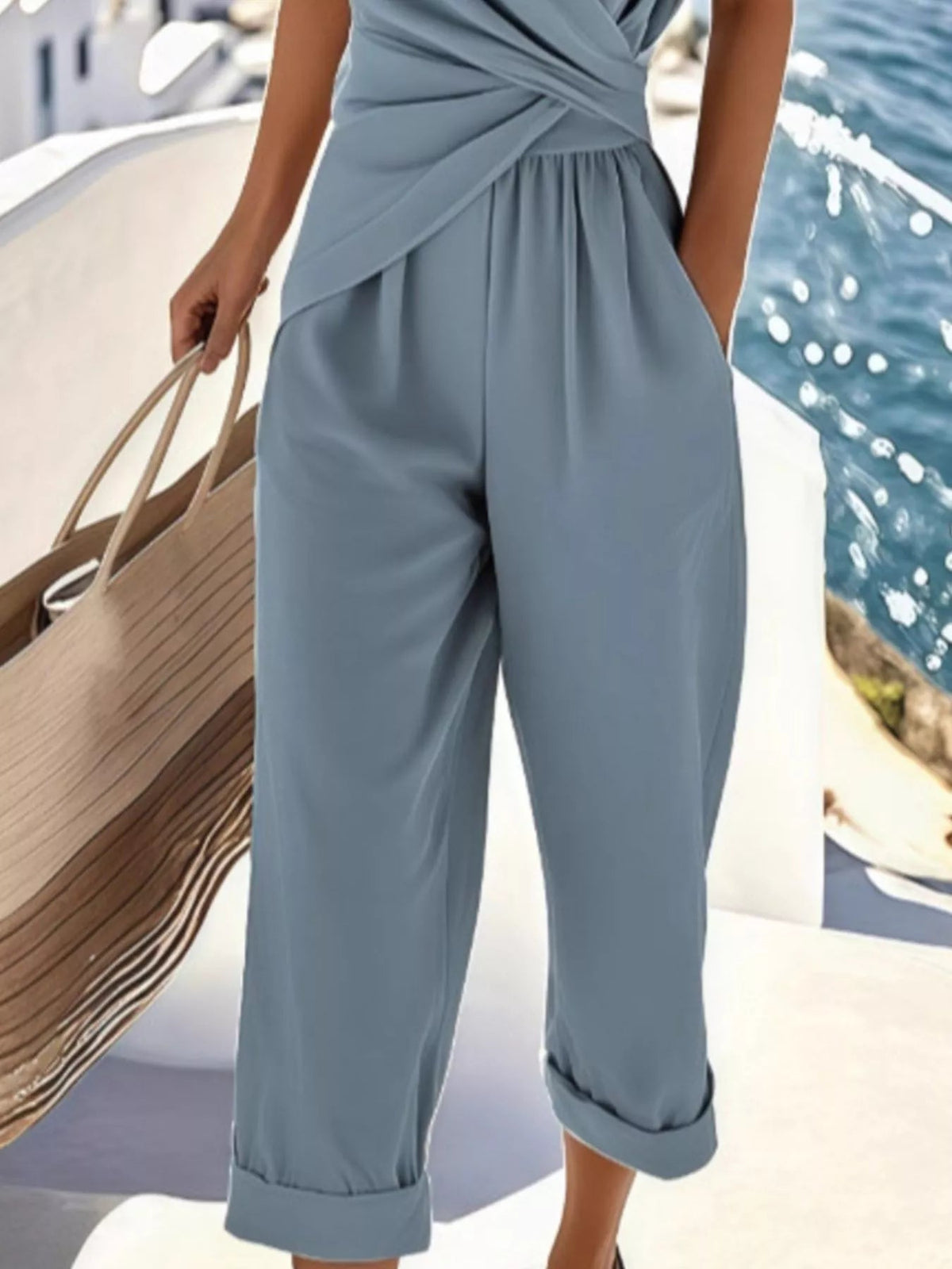 Plus size women's lounge set with twist front V-neck top and matching pants with pockets, by Plush Fashion Hub.