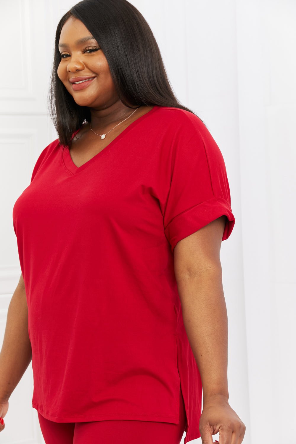 Burgundy women's brushed V-neck lounge top and biker shorts set by Plush Fashion Hub, shown in a comfortable, relaxed fit.